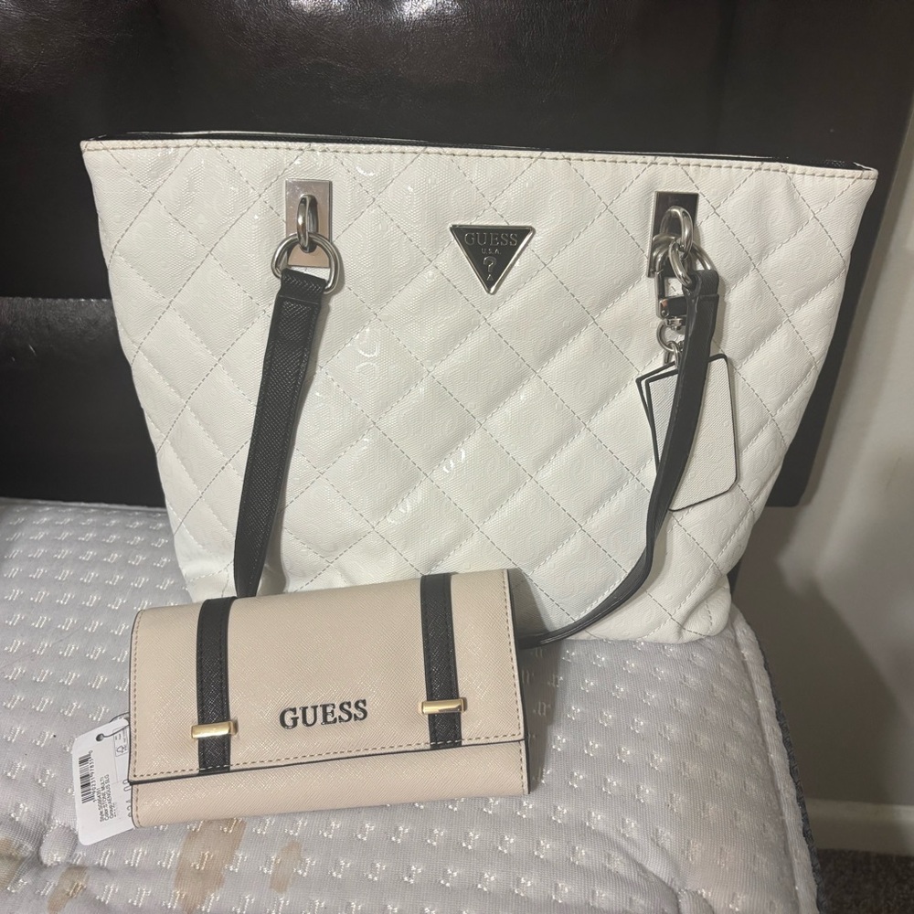 GUESS White Quilted Tote with Black Straps